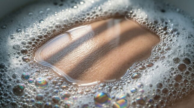 Close-up of skin submerged in soapy water with sunlight