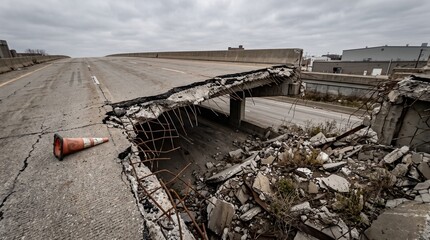 Fototapeta premium Collapsed Highway Overpass With Structural Rubble and Debris in Urban Area