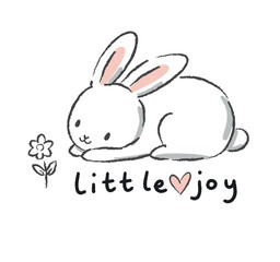 Naklejka premium Cute hand drawn white bunny with little joy lettering and flower vector