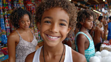 Fototapeta premium Close-up of a smiling young boy of African descent with curly hair, looking at the camera in a vibrant market