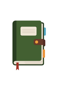 Hand-drawn green hardcover notebook journal with leather strap closure, blank label, colorful tab bookmarks, and red ribbon marker, charming flat vector illustration for wildlife observation notes