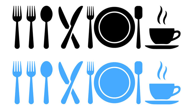 Black and blue cutlery plate and coffee cup arranged in two rows fork spoon