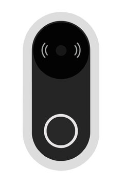 Smart wireless doorbell vector icon illustration featuring glowing camera lens, button, and ringing notification symbol in clean white and black isolated style