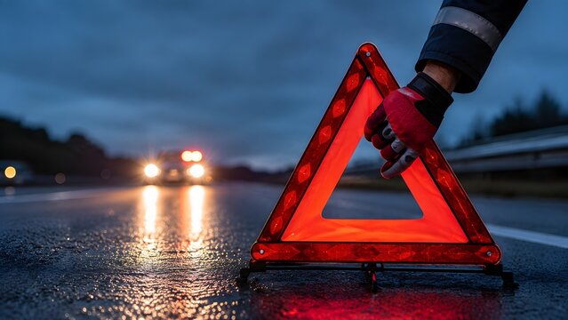 Worker hand placing a red warning triangle on a wet road at night representing a car breakdown and highway traffic safety