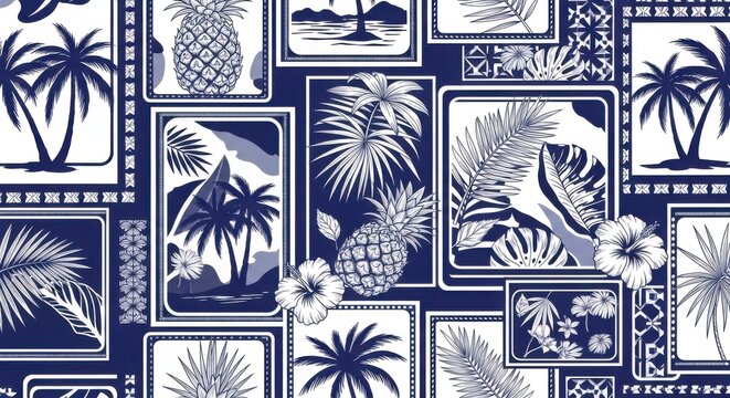 Seamless tropical pattern with pineapples, palm leaves, and hibiscus flowers in blue and white colors