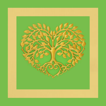Ornate gold heart shape tree of life symbol on green background with square frame. Abstract design decoration for plaque, logo, motif, emblem, greeting card.  