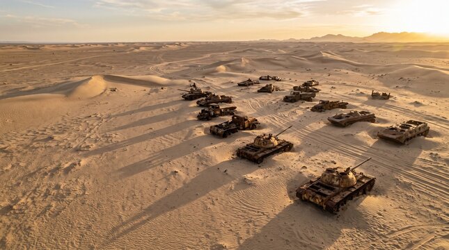 Abandoned Military Tanks Resting in the Vast Arid Desert Landscape