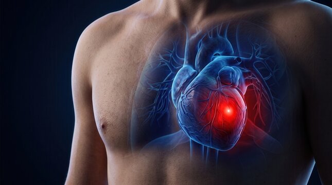 Human heart anatomy graphic showing chest pain concept