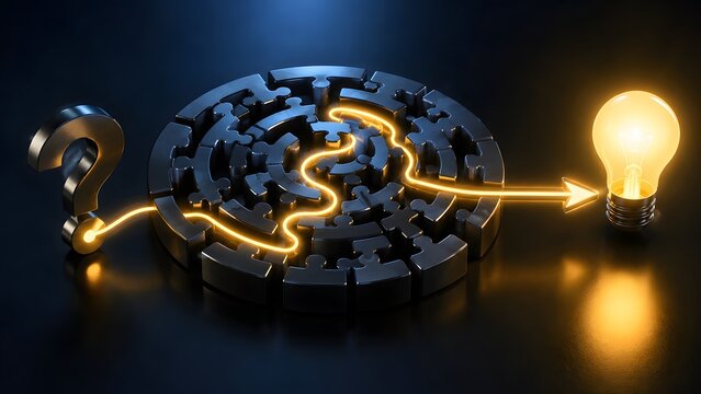 Glowing path tracing through a metallic puzzle maze connecting a question mark to an illuminated lightbulb symbolizing problem solving