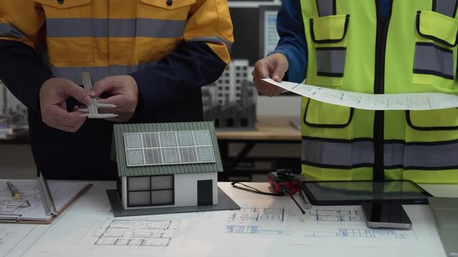 A close-up shot of an architect and a civil engineer discussing blueprints and a house model in an office at night.