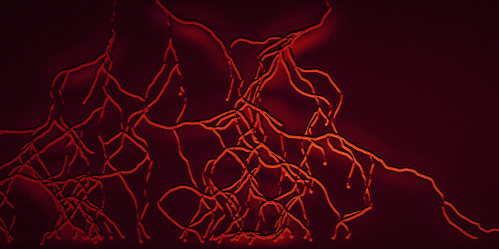 Dark cinematic red and crimson branching lightning in bold striped op art style, ideal for website hero banners, posters, branding, and wallpaper.