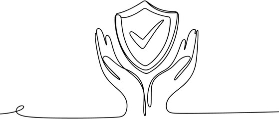 Continuous line of hands holding a shield with a checkmark tick © MOHAMMADTORIQUL