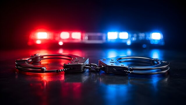 Police handcuffs on dark reflective table illuminated by blurred red and blue siren lights representing law enforcement and criminal arrest
