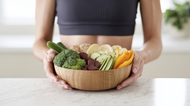 Healthy lifestyle: woman holding bowl of fresh vegetables and fruits in kitchen