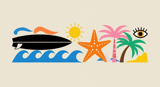 Summer beach elements with surfboard, sun, starfish and palm trees in flat vector style