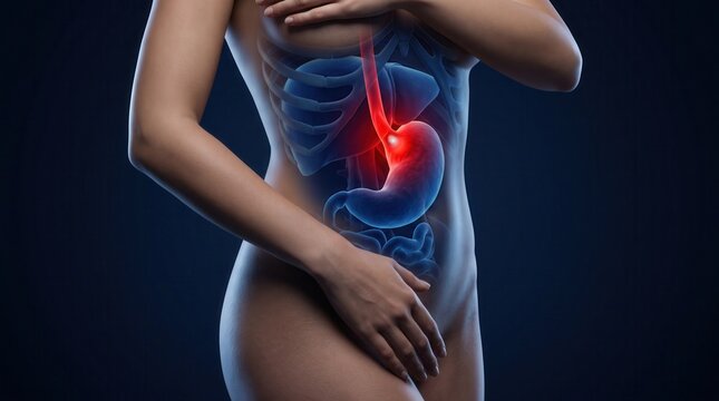 Female body highlighting stomach ulcer and digestive