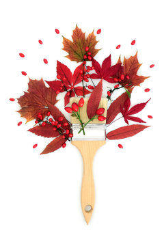 Surreal Autumn Fall paintbrush vivid berry leaf design on white background. Seasonal fun warm tones with loose berries for logo, greeting card.