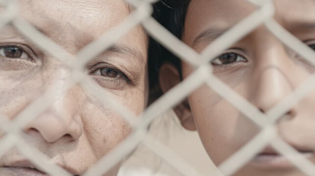 Close-up of two faces behind a fence: emotion and connection in focus