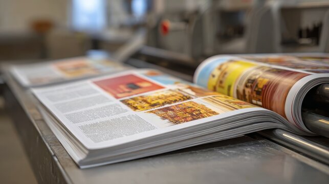 Vibrant printing press close-up with open colorful magazines in a modern publishing facility