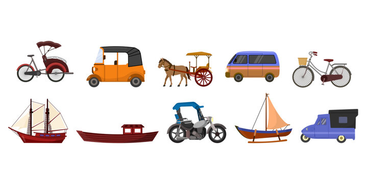 Indonesian traditional transportation set flat illustration