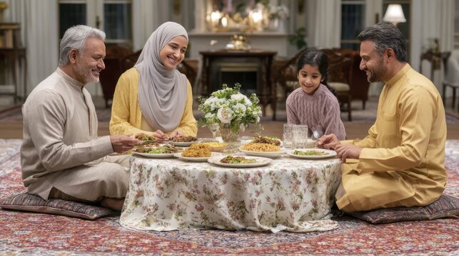 Family enjoying traditional meal together in a warm home setting