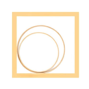 Gold square border circular wooden frame zen geometric minimal design on white background. 