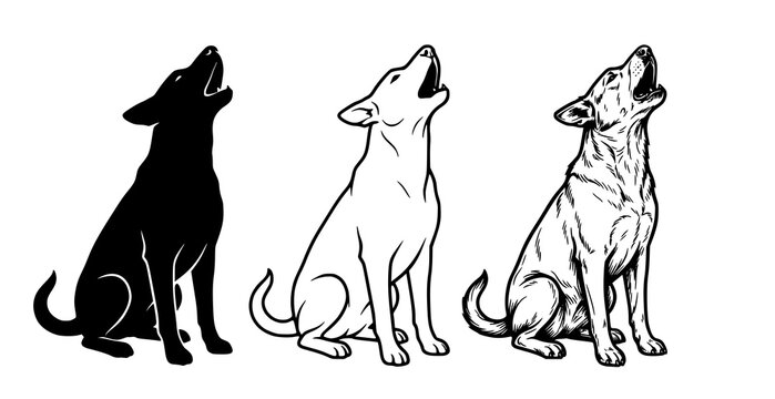 Howling dog sitting silhouette and line art vector set barking singing puppy illustration