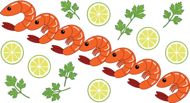Fresh Cooked Shrimp and Prawn Vector Illustration Set with Lemon Slices and Parsley Garnish for Seafood Restaurant Menu Graphic Designs