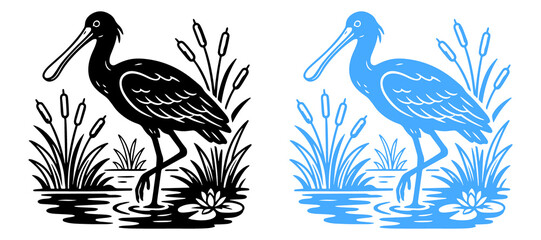 Naklejka premium Stylized black and blue ibis wading in water with reeds and lotus flowers