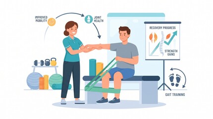 Fototapeta premium Physical therapy and rehabilitation vector illustration featuring a therapist assisting a patient with exercises, rehabilitation equipment, mobility training, and recovery healthcare elements.
