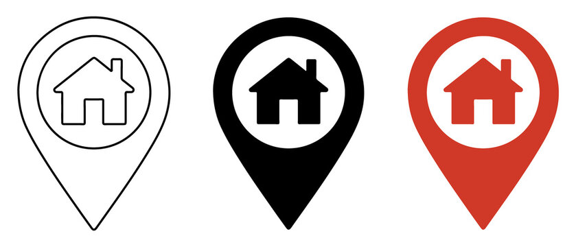 Three location pins with house one outline black one solid black and one solid red
