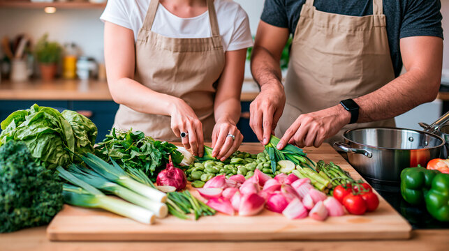 Couple preparing fresh vegetables together in a modern kitchen while cooking a healthy homemade meal