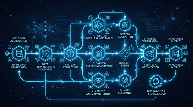 Abstract flowchart illustrating AI process from data aggregation to actionable output, symbolizing technology, innovation, and data analysis