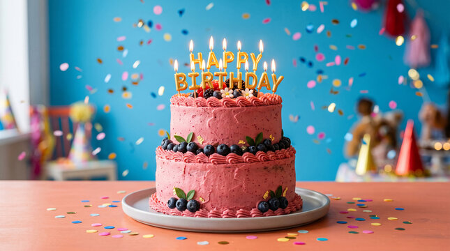 Two-tiered pink birthday cake with blueberries and gold leaf, surrounded by falling confetti, signifying celebration and joy for special occasions