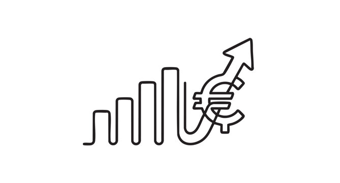 Minimalist continuous line art drawing of a rising bar chart graph merging with a Euro currency symbol representing economic growth and financial