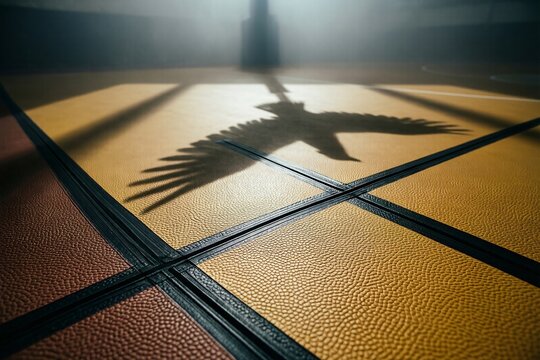 Dramatic bird shadow on a textured indoor sports court floor