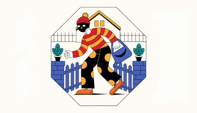 Stealthy Burglar Character Sneaking Past House and Picket Fence in Stylized Illustration