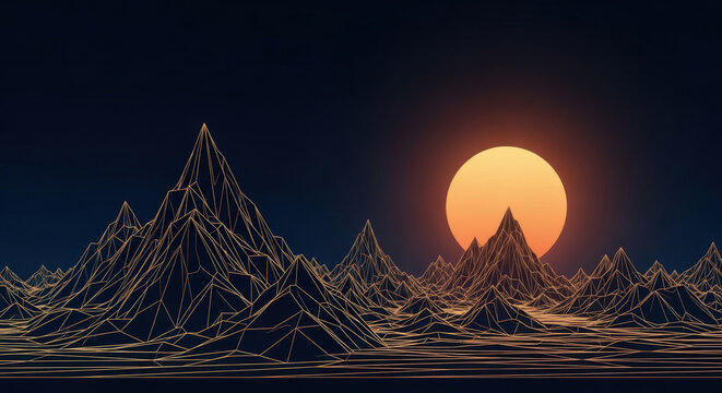 Abstract digital wireframe mountain landscape featuring golden glowing lines under dramatic night sky with bright sun horizon for futuristic theme.