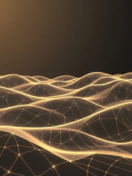 Champagne Gold Wireframe Topographic Mesh Landscape on Dark Abstract Background