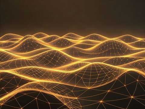 Champagne Gold Wireframe Topographic Mesh Landscape on Dark Abstract Background