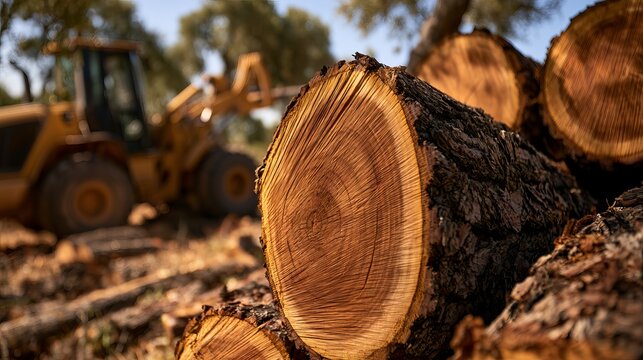 Rough sawn logs stacked near a forestry machine, depicting logging operations within a rural woodland setting, useful for representing deforestation or lumber industry