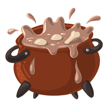 Cartoon cauldron filled with bubbling brown potion, splashing liquid and floating bones, with black handles and short legs, isolated on a white background.