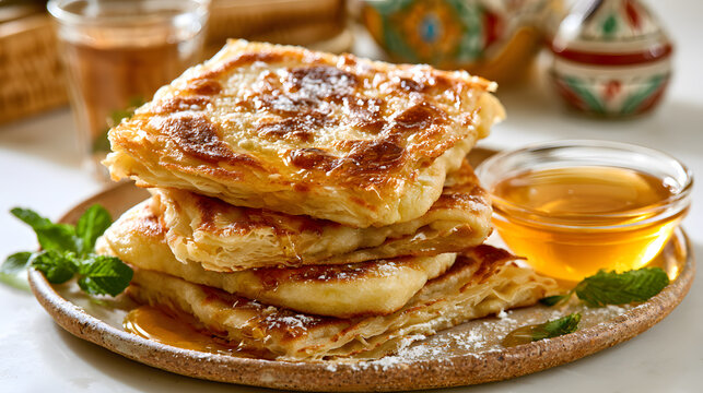 Traditional Moroccan msemen flatbread with honey and mint
