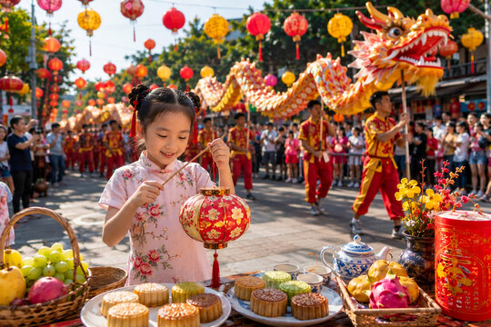 Happy Little Girl in Cheongsam Holding Lantern Celebrating Mid Autumn Festival with Mooncakes and Dragon Dance Parade
