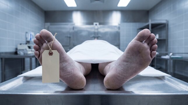 Unidentified body on a stainless steel autopsy table in a morgue, with a tag attached to the toe and sterile environment visible