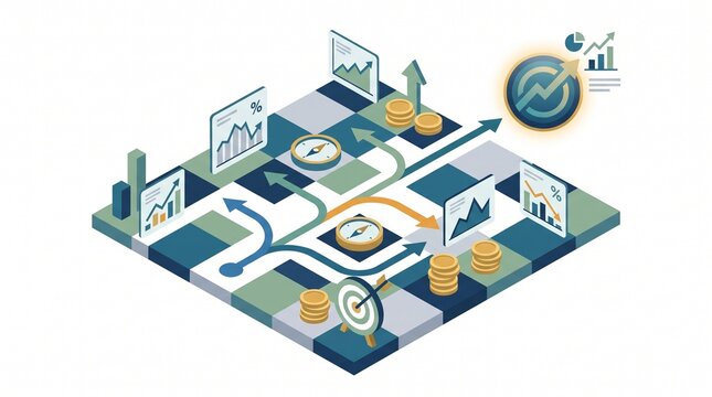 Stock investment strategy with financial charts, target, compass and decision paths, clean flat design illustration for market planning, analysis and portfolio strategy