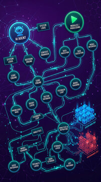 Abstract representation of AI agent system, showcasing AI agent, modules, data, and performance, symbolizing complex computation and technology, a concept for digital innovation