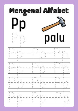 Educational alphabet tracing worksheet for letter P, preschool handwriting practice page with hammer illustration, Indonesian language learning