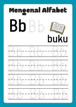 Educational alphabet tracing worksheet for letter B, preschool handwriting practice page, Indonesian language buku book learning sheet
