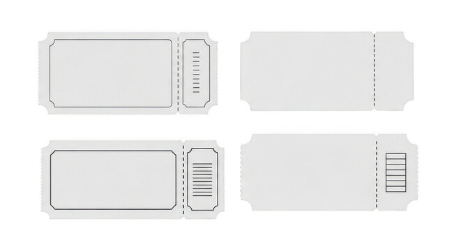 Set of four blank paper tickets with perforated edges isolated on transparent background